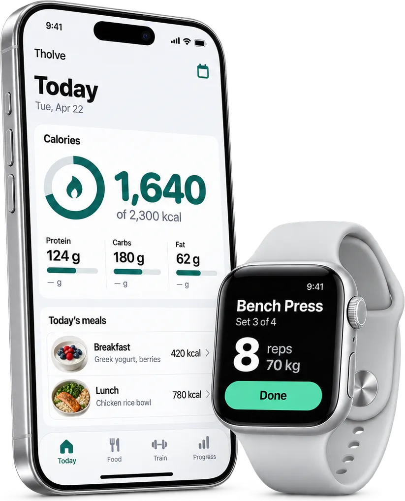 Tholve on iPhone showing today's calories and meals, next to Apple Watch logging a bench press set
