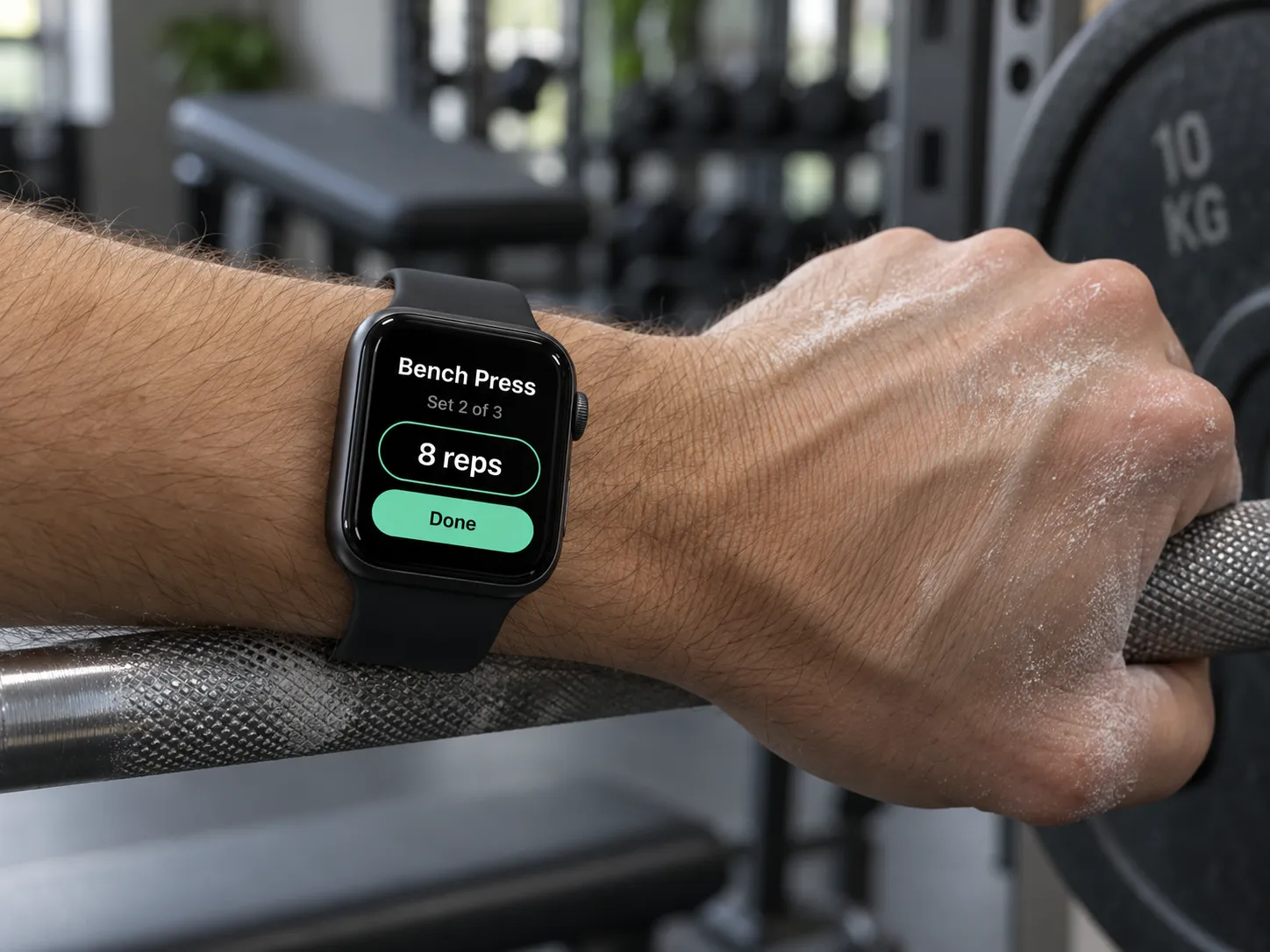 Apple Watch on a wrist resting on a barbell, showing a Tholve bench press set